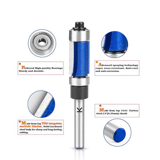1/4" Shank Flush Trim Router Bit with Top and Bottom Bearings Carbide for Precision Woodworking