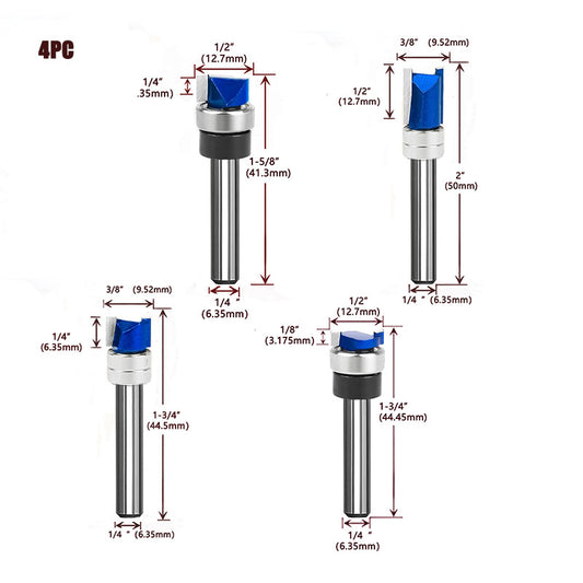 4PCS Flush Trim Router Bit Set 1/4" Shank, Bottom Bearing Carbide Pattern Straight Bits for Wood Trimming & Slot Cutting
