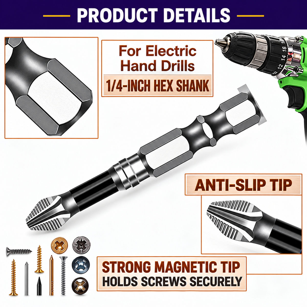 S2 Alloy Steel PH2 Anti Slip Magnetic Screwdriver Bits with 1/4" Hex Shank for Electric Drills
