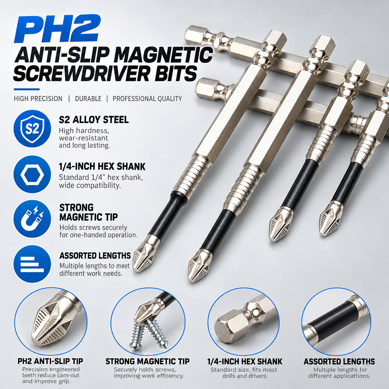 S2 Alloy Steel PH2 Anti Slip Magnetic Screwdriver Bits with 1/4" Hex Shank for Electric Drills