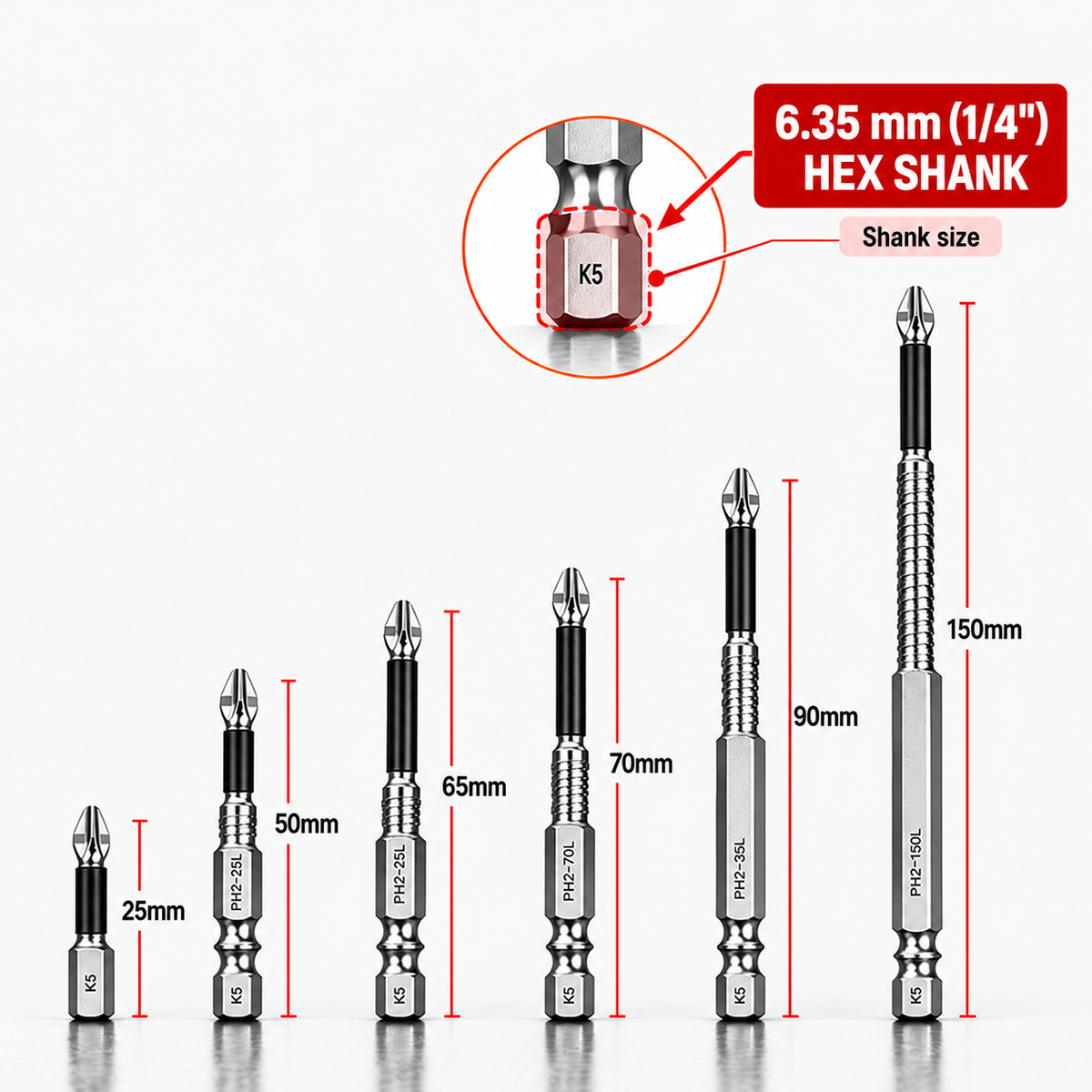 S2 Alloy Steel PH2 Anti Slip Magnetic Screwdriver Bits with 1/4" Hex Shank for Electric Drills
