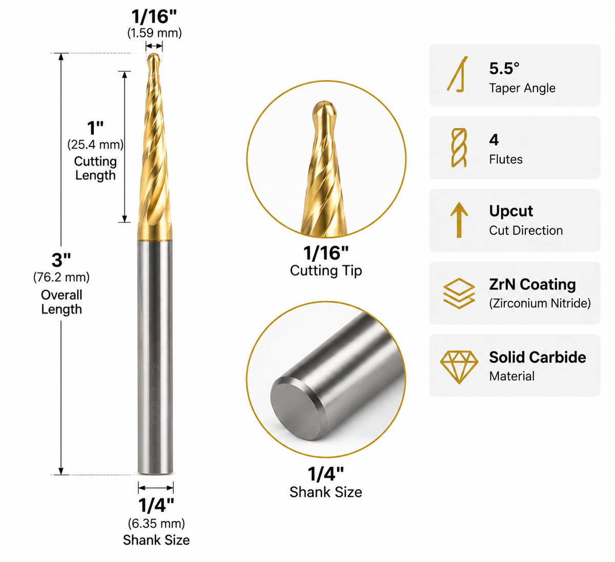 1/16" Tapered Ball Nose CNC Router Bit, ZrN Coated Solid Carbide End Mill for 3D Carving, 1/4" Shank