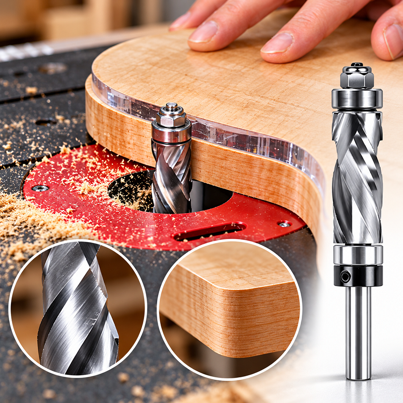Double Bearing Spiral Flush Trim Router Bit, 1/4" Shank, 1/2" Cutting Diameter Compression Cutter for Woodworking