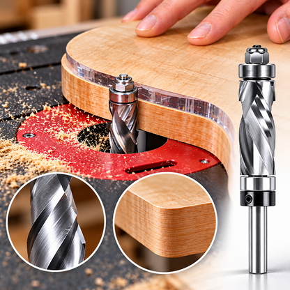 Double Bearing Spiral Flush Trim Router Bit, 1/4" Shank, 1/2" Cutting Diameter Compression Cutter for Woodworking