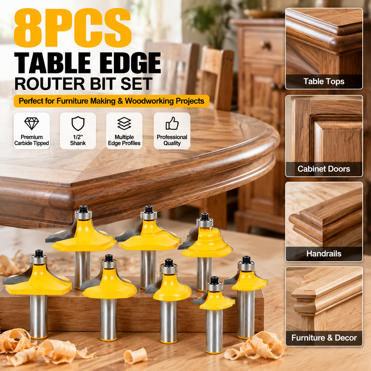 8PCS Table Edge Router Bit Set 1/2" Shank Carbide Tipped Woodworking Router Bits