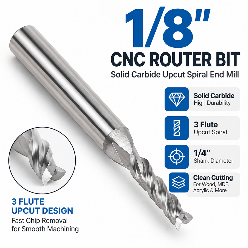 1/8" Upcut Solid Carbide CNC Router Bit, 1/4" Shank Spiral End Mill for Wood Carving, Milling & Engraving