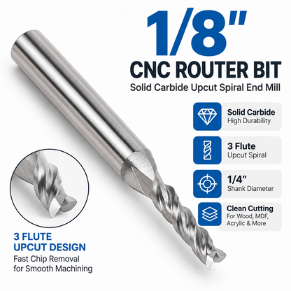 1/8" Upcut Solid Carbide CNC Router Bit, 1/4" Shank Spiral End Mill for Wood Carving, Milling & Engraving