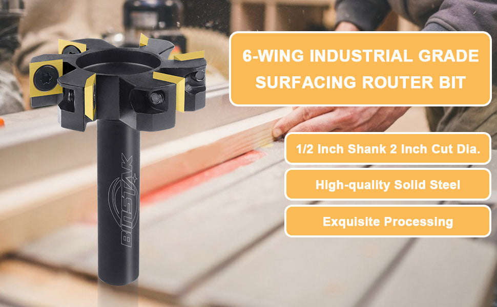 CNC Spoilboard Surfacing Router Bit, 1/2" Shank, 2" Cutting Diameter, 6-Wing Carbide Insert, Slab Flattening for Wood Planing