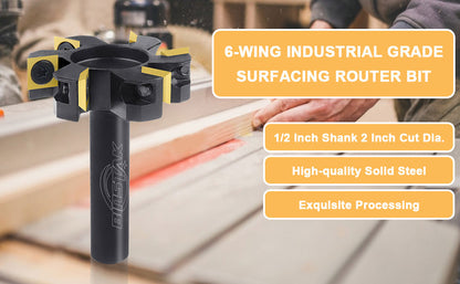 CNC Spoilboard Surfacing Router Bit, 1/2" Shank, 2" Cutting Diameter, 6-Wing Carbide Insert, Slab Flattening for Wood Planing