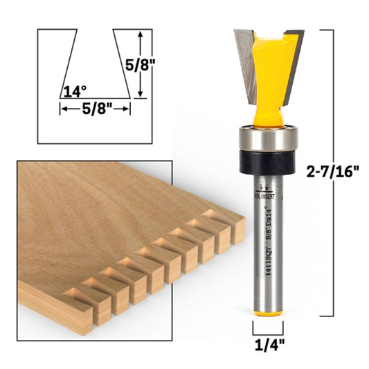 Dovetail 14 Degree X 5/8" with Bearing 1/4" Shank Router Bit