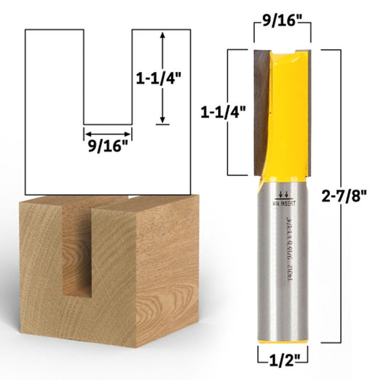 9/16" Diameter X 1 1/4" Height Straight 1/2" Shank Router Bit