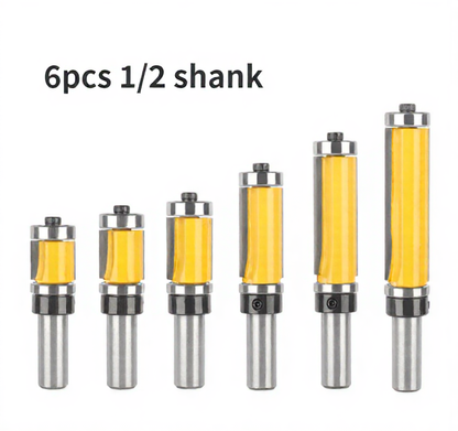 6 Pcs Flush Trim Router Bit Set with Top & Bottom Bearing, 3/4 Inch Cutting Diameter, 1/2 Inch Shank
