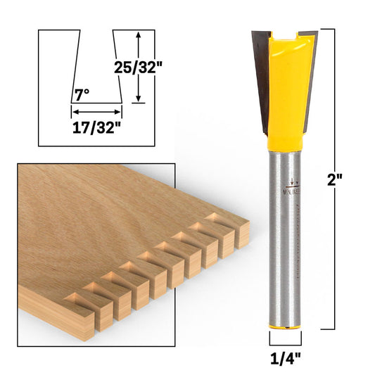 7° X 17/32" Dovetail 1/4" Shank Router Bit