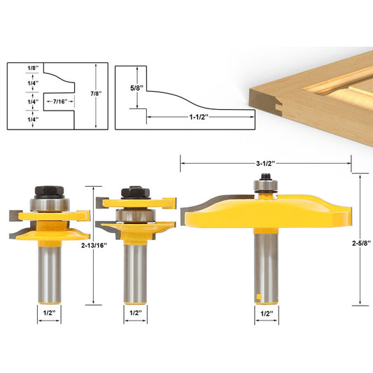 Ogee 3 Bit 1/2" Shank Raised Panel Cabinet Door Router Bit Set