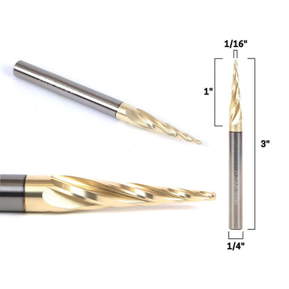 1/16" Tapered Ball Nose CNC Router Bit, ZrN Coated Solid Carbide End Mill for 3D Carving, 1/4" Shank