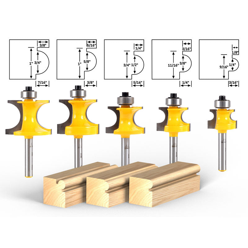 5 Bit Bullnose Bead 1/4" Shank Router Bit Set