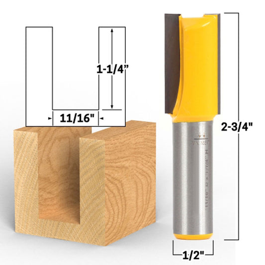 11/16" Diameter X 1 1/4" Height Straight 1/2" Shank Router Bit